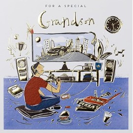 Paperlink Grandson Birthday Card Fever Pitch Range - For a Special Grandson, stereotypical young male teenager design - computer game, pizza, burger