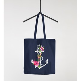 Autiga® Jute Bag Flower Anchor Flower Anchor Shoulder Bag Shopping Bag Shopping Bag Navy 2 Long Handles