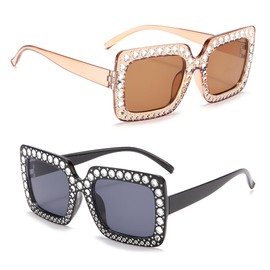 Pack of 2 Retro Sunglasses for Men and Women, Glitter Party Glasses with Rhinestones, Party Glasses with Thick Frame, Square, Party Sunglasses, Fancy Dress Glasses for Party, Prom, Carnival, Free