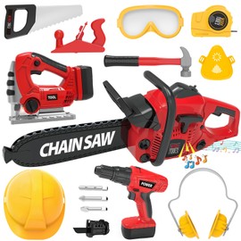 Kids Construction Tool Set for Toddler Boys Girls 3+ Ages,Red Preschool Pretend Play Tool,Toddler Toys with Electric Toy Chainsaw, Drill Toy,Toy Tools Birthday Christmas for Kids