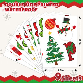 Whaline 9 Sheets Christmas Window Cling Stickers Xmas Red Green Cartoon Reusable Window Decals for Holiday Party Home Office Classroom Decoration
