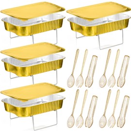 Maxcheck Disposable Chafing Dishes Buffet Set Chafer Wire Racks Buffet Stand Kit Dish Serving Trays Food Warmer Catering Supplies Included Serving Utensils and Stand(4 Sets,Large)