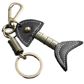 White Fang AZ165 Keychain, Keyring, Leather, Stylish, Retro, Charm, Fish, Bones, Men's, Women's,, Black
