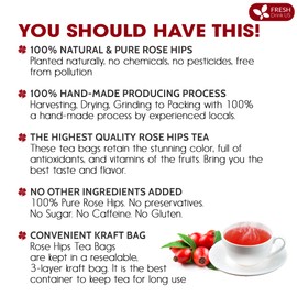 FreshDrinkUS, Premium 30 Rosehip Tea Bags, 100% Natural & Pure from Rose Hip Fruits. Loose Rosehip Herbal Tea. Made with Natural Material Tea Bags. No Sugar, No Caffeine, No Gluten, Vegan.