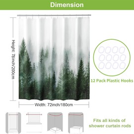 Drimzate Green Waterproof Weighted Shower Curtain for Bathroom,Twilight Forest Pattern, Nature Woodland Artistic Fabric Shower Curtains Set with Hooks, 180Wx200H