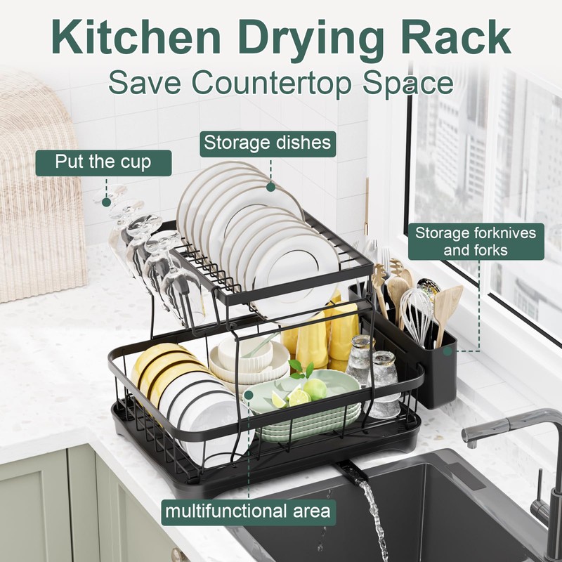 LIYI Dish Drying Rack,Large Dish Rack for Kitchen Counter,2-Tier Dish
