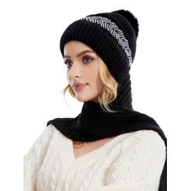 Knuffnee Women's Winter Warm Hat Windproof Hooded Scarf Soft Knitted Hat Fleece Lined Hat Scarf 2 in 1, black