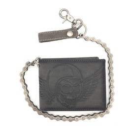 Lemasi Biker Wallet with Chain Natural Hunter Leather Wallet with RFID Protection Skull, Grey with bicycle chain cross, Contemporary