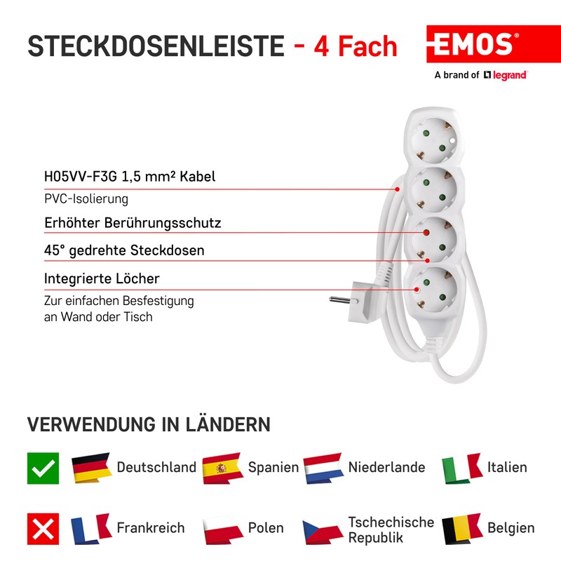 EMOS - 4-way power strip 1.5m - 4 Schuko sockets