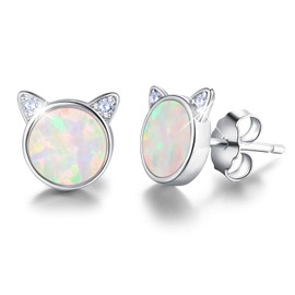 ✦Earrings for Women✦ Esberry 14k Gold Earrings Sterling Silver Opal Cat Stud Earrings Cat with Natural Stone Gifts for Women.(White Gold-White Opal)