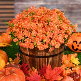 Fake Mums, Fall Decor, Fall Flowers, 24 Bundles Faux Mums for Outside, UV Resistant Artificial Mums for Outdoors, Fall Flowers Plants Artificial for Decoration For Home Porch Thanksgiving(Orange Red)