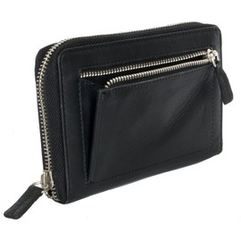 FLW Women's Black Metal Zip-Around Genuine Leather Wallet