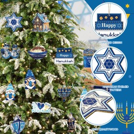 36 Pieces Hanukkah Gnome Ornaments Happy Hanukkah Wooden Sign Star of David Menorah Dreidel Hanging Decoration for Hanukkah Party Decoration Home Living Room Wall Decorations