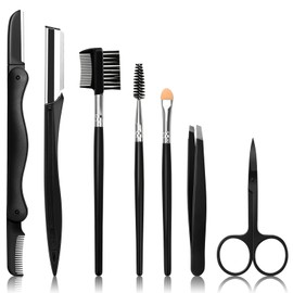 Sunuly Eyebrow Razor, 7 in 1 Brow Kit, Eyebrow Trimmer Set Including Brow Razors, Brush, Scissors, Tweezers, with Plastic Box for Women Men Eyelash Facial Grooming