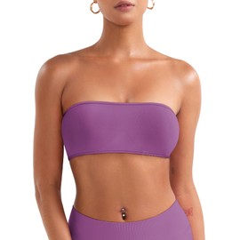 VOYJOY Impact Backless Bandeau Bra Workout Gym Sports Bra Cute Strapless Fitted Bandeau, Rose Purple, Large