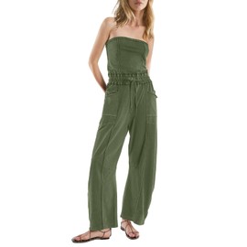 LAMISSCHE Womens Casual Strapless Jumpsuits off the Shoulder Summer Rompers Sleeveless One Piece Outfits with Pockets(Army Green,S)
