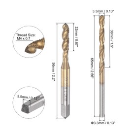 sourcing map Tap & Bit Sets, M4 x 0.7 Screw Thread Machine Spiral Flute Threading Tap and 3.3mm Twist Drill Bit, Titanium Plated M35 Cobalt High Speed Steel (HSS-CO)