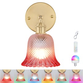 GEEZO Vintage Wall Sconces, Rechargeable Wall Lights with Remote Control Flower Glass Lampshade,180° Adjustable Brass Sconces with 15 Colors for Beside Bedroom Living Room Doorway (1 PCS)