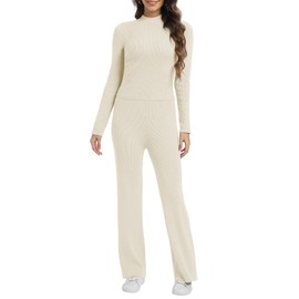 Women's 2 Piece Outfit Sweater Lounge Sets Long Sleeve Crop Tops Knit Pullover Wide Leg Pant Tracksuit Loungewear White S
