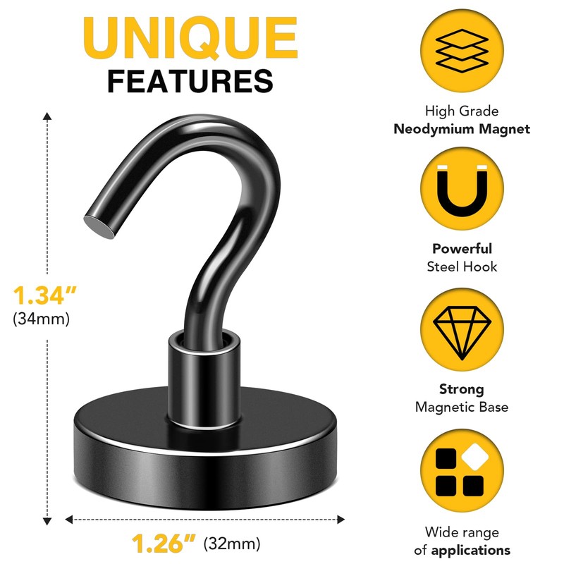 DIYMAG Black Magnetic Hooks, 118 LB Heavy Duty Strong Magnet
