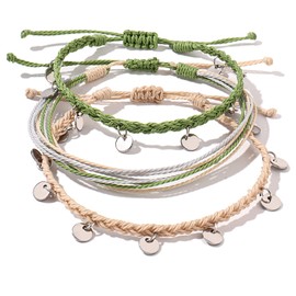 FANCY SHINY String Ankle Bracelets Waterproof Rope Anklets Braided Beach Boho Coin Anklets Cute Friendship Foot Jewelry for Women(Ivory/Olive)
