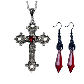 Danshinbow Vintage Gothic Cross Earrings Red Black Crystal Gemstone Pattern Pendant Necklaces for Women, Metal