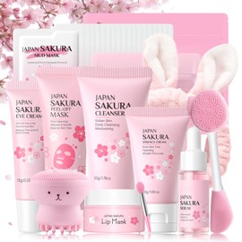 Sakura Skincare Set Teenager Mädchen Geschenke - Geschenkset Frauen - Skin Care Set - Sanfte Reinigung & Nährend Gesichtspflege Set - Beauty Set Mädchen - Mit Schlammmaske,Serum,Creme,Bürste