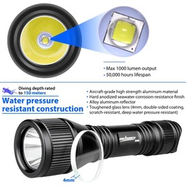 ORCATORCH D550 Scuba Dive Light - 1000 Lumens Underwater Flashlight with 3 Modes, IP68 Waterproof Submersible Torch with Wrist Strap for Hands-Free Diving