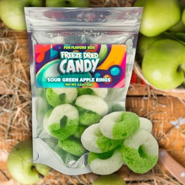 Freeze Dried Candy, Freeze Dried Sour Green Apple Gummy Rings, Unique, Exotic Crunch Snack Treats, Party Favor Gift Idea 2.2 oz