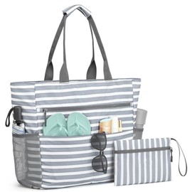 Satiskid Large Beach Bag, Waterproof Beach Bags for Women with Zip and Pocket, Lightweight Grocery Bags, Reusable Tote Bags for Traveling, Shopping, Pool, Gym