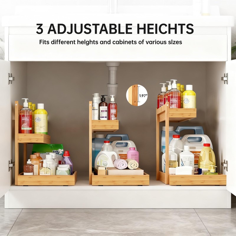 Bamboo Undersink Organizer Storage - 2-Tier Cabinet Shelf with Adjustable