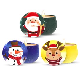Set of 3 Small Christmas Soy Wax Scented Candles Gift Set for Women, Santa Claus Snowman and Elk Deer with Apple&Cinnamon, Cedar, Vanilla&Cake Fragrances for Home