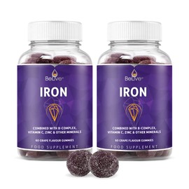 Iron Gummies Supplement with Vitamin C, A, Vitamins B Complex, Folate, Multivitamins for Women, Kids & Adults - Supports Energy, No After Taste, Vegan Supplements - Grape Flavor (120 Ct) (2 Pack)
