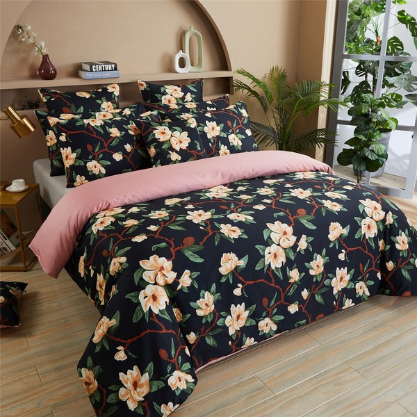 FADFAY Duvet Cover Full Shabby Black and Pink Floral Bedding