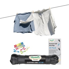 25m Washing Line Rope Strong Steel Core 3.5mm thickness Indoor-Outdoor Weather Resistant PVC Laundry Clothes line – Grey & Set of 20 Premium Soft Grip Clothes Pegs - Assorted Bright Colours