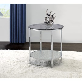 Steve Silver Co Frostine Round End Table, Smoky Glass Top, Patterned Mirror Shelf Chrome Base, Tempered Glass, Living Room, Bedroom Nightstand, Sofa Table, 21.5" D x 21.5" W x 24" H, Silver