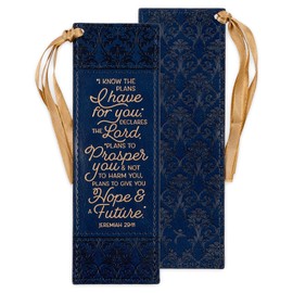 Christian Art Gifts Navy Blue & Gold Premium Vegan Leather Scripture Bookmark for Women: I Know The Plans - Jer. 29:11 Inspirational Bible Verse w/Dark Golden Satin Ribbon & Debossed Floral Design