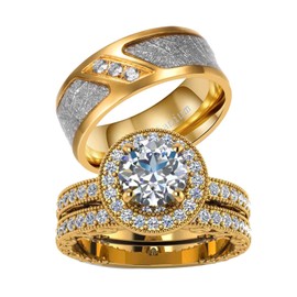 Two Rings His Hers Wedding Ring Sets Couples Rings Women's 10k Yellow Gold Plated White CZ Wedding Engagement Ring Bridal Sets & Men's Titanium Wedding Band