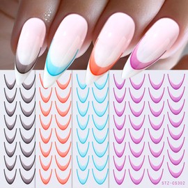 LOPMNGHT 6 Sheets French Colorful Nail Art Stickers 3D Self-Adhesive Lines Gradient Nail Art Decal Pink Blue Purple Orange Black Rose Pink Design Nail Decoration Nail Art Supplies for Women