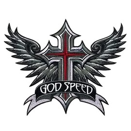VEGASBEE® Godspeed Winged Cross Wings Christian Biker Protection Embroidered Iron-On Patch Perfect Embroidery Original Design USA 6" Wide Medium Size