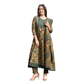 ORCHID BLOOM Printed Cotton Anarkali 3pc Suit Pant Set (Green, Large)
