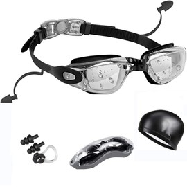 Equipo de gafas de natación 5 en 1: gafas de natación antivaho con protección UV con gorro de natación, tapones para los oídos, clip para la nariz, estuche para gafas para adultos y jóvenes (Rosa)