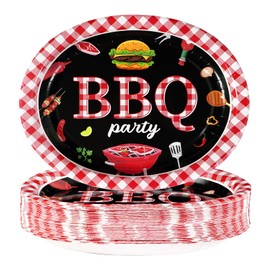 Grencian 50 Pcs BBQ Birthday Party Supplies 10" × 12" Large Red Gingham and Black BBQ Oval Paper Plates Disposable Heavy Duty BBQ Party Plates for Picnic Barbecue Baby Shower Birthday Decorations
