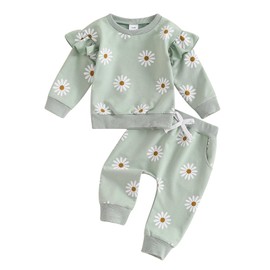Lucikamy Infant Baby Girl Fall Outfit Long Sleeve Print Sweatshirt + Cute Pants Toddler Girl Winter Spring Clothes (White-Green, 12-18 Months)