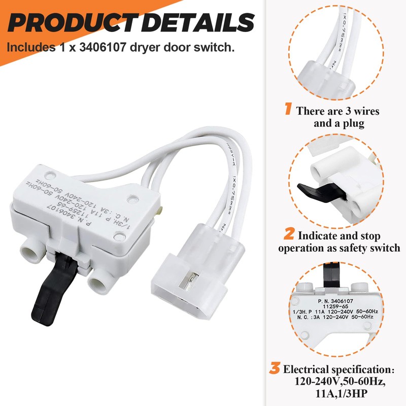 WP3406107 3406107 Dryer Door Switch by Beaquicy - Replacement for
