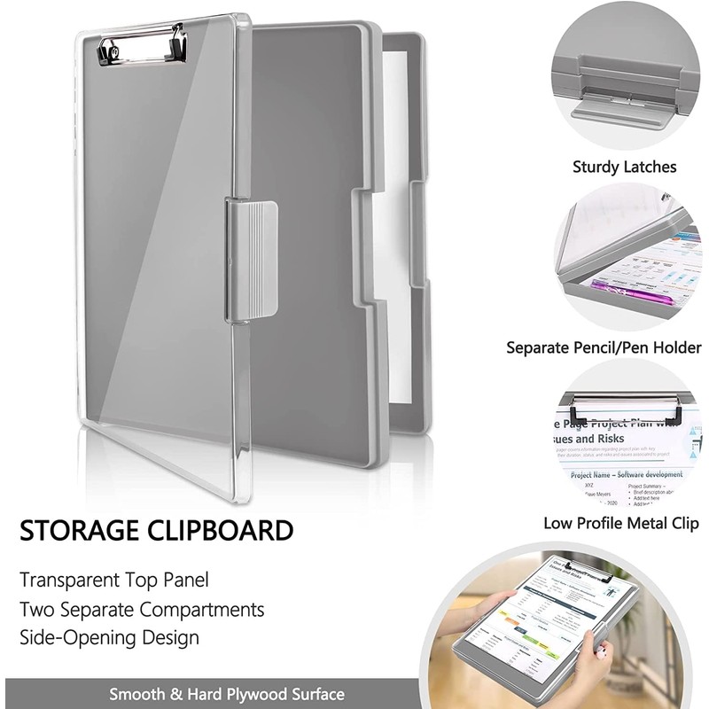 A4 Clipboard with Storage Compartment, 2 Storage and Side Opening