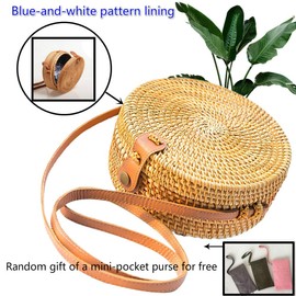 Kbinter Handwoven Round Rattan Straw Bag for Women Shoulder Leather Button Straps Natural Chic Handmade Boho Bag Bali Purse (1 Pack)