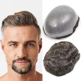 HAPPY&CC Peluca para Hombre, de Piel Fina, de Poliuretano, con Cabello Humano Virgen Europeo. Prótesis Capilar Masculina, Número 3, Castaño Oscuro con 20% de Canas Sintéticas, 10 X 8 Pulgadas