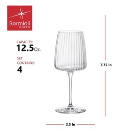 Bormioli Rocco Exclusiva Chardonnay Glasses, Set of 4-12.5 Oz. Ribbed Star Glass Stemware with XLT Treatment for Enhanced Durability - Long Stem Italian Wine Glasses - Dishwasher Safe
