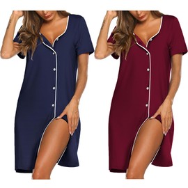 Ekouaer 2 Pack Nightshirt Button Up Nursing Nightgown Short Sleeve Pajama Dress Soft Nightwear Jujube Red & Navy Blue Small